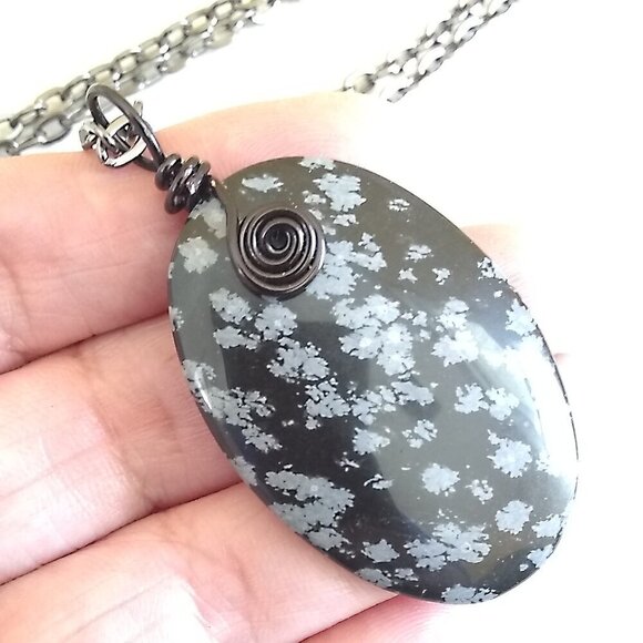 Snowflake Obsidian Stone Medallion Necklace & 24" Gunmetal Black Chain ~ Unisex - Picture 5 of 11